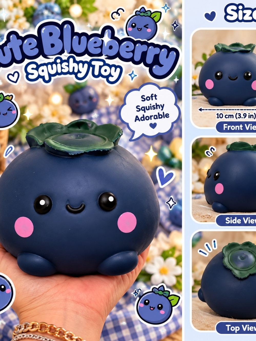 3.3 Inches Tall Cute Blueberry Squishy Toy - Soft Blue Toy